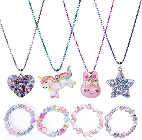 BB-GG, BGSHEMNI 8 Pcs Girls Necklaces and Bracelets Set with Unicorn Star Heart Necklace Toddler Jewelry Gift Toy Party Favors Dress up Play Costume for Little Best Friend Necklaces-A1