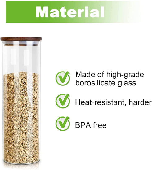 Vensp Tall Borosilicate Glass Food Storage Jar for Spaghetti,Spaghetti Container(63 Floz), Noodle Holder Storage Sealed Container with Wooden Lid,Airtight Clear Glass Kitchen Canister Wood Lid