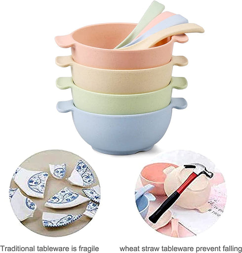 shopwithgreen Unbreakable Kids Bowls -Microwave Dishwasher Safe- Wheat Straw Snack Bowl Sets for Kids/Toddler/Children/Baby Feeding - 4 Bowls and 4 Spoons, Lightweight and Durable (Small)