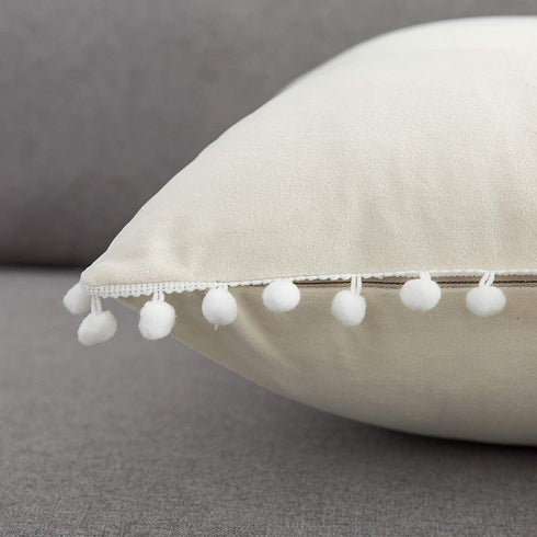 WLNUI Set of 2 Soft Velvet Lumbar Ivory White Pillow Covers 12x20 Inch Decorative Cute Pom Poms Throw Pillow Covers Cushion Case for Sofa Couch Home Farmhouse Decor