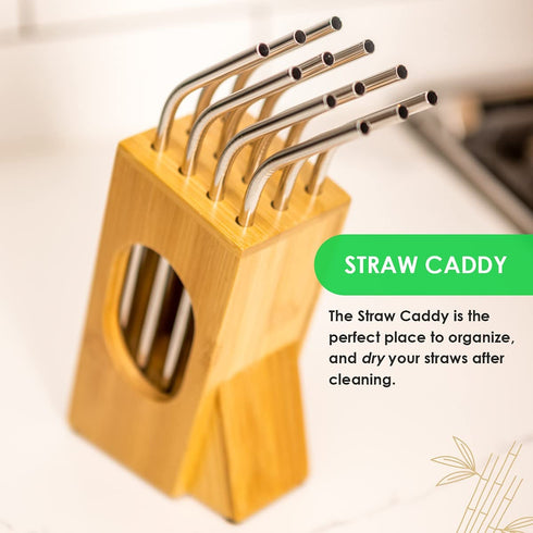 Tannion Straw Caddy With (12) Reusable Straws Reusable Straw Holder For Counter With Metal Straw Set Bamboo Straw Container With Metal Straws Drinking Straw Organizer With Stainless Steel Straw Set