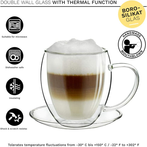 Creano Double Wall Glass Mugs 9 OZ with Handle and Saucer, Insulated Cup - 2X 9oz (250ml)