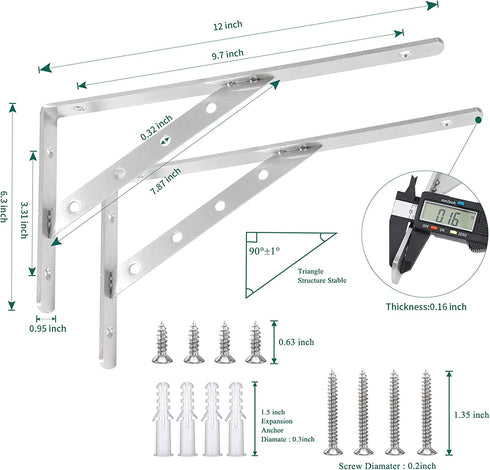 Solid Shelf Brackets 12 Inch,L Brackets Heavy Duty Shelf Brackets,Stainless Steel Angle Bracket Max Load 440lbs,Pack of 2 (Silver)