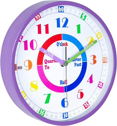 Telling Time Teaching Wall Clock, Silent Movement, Educational Wall Clock, Makes Kids Learning Time Faster and Fun. Its Perfect for Parents and Teachers, Decorate Kids Bedroom or Classroom,Purple