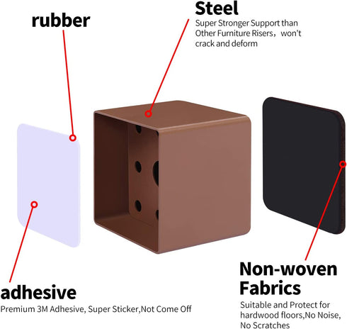 Ezprotekt Upgrade Bed Risers Heavy Duty Furniture Risers for Sofa Table Couch Lift Height of 1.2 Inches, Bottom Pad Protect Floors, Solid Steel Offer Strong Support, Set of 4, Square Brown