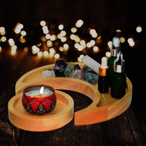 Moon Tray Crystal Holder for Stones Display, Natural Pine Crystal Tray for Healing Crystal & Essential Oils, 9.17X 3.94 Inches Crescent Moon Bowl with 4.64 Inches Round Tray