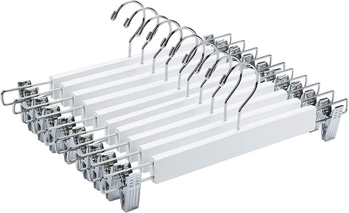 Amber Home 14.17" Solid White Wooden Pant Skirt Hangers 10 Pack, Bottom Hangers for Slacks Trousers Jeans with 2-Adjustable Anti-Rust Clips (White, 10 Pack)