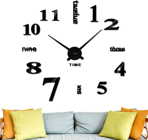 Lumuasky DIY Wall Clock, Large 3D Mirror Stickers Numbers Modern Silent Decorative Clock for Living Room, Bedroom, Home, Office, School (Black)