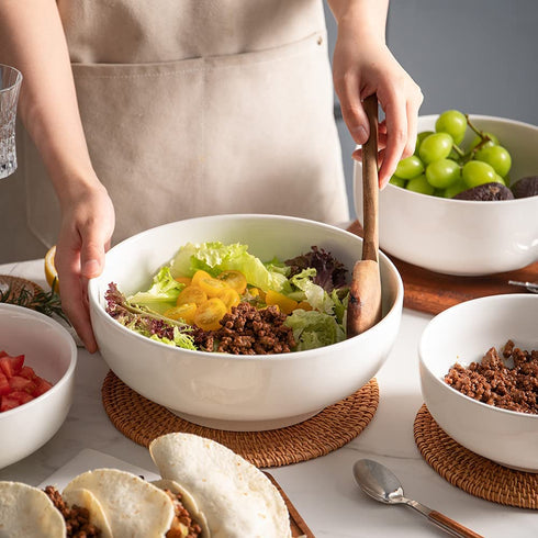 SWEEJAR Large Salad Serving Bowl, 8" Ceramic Bowls for Taco salad, Pasta, Pho, Soup, 2 Quart Mixing Bowl for Family Dinner, Daily Use, Set of Two (White)