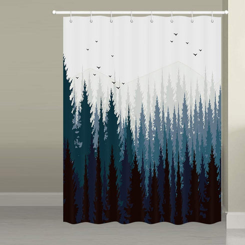 JAWO Mountain Forest Scene Fabric Shower Curtains for Bathroom, Pine Tree Mountains Black Bird Rustic Scenery Shower Curtain, Cloth Shower Curtain with 10 Hooks, 60x72 Inches