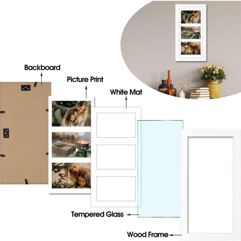 Golden State Art, 7x14 White Photo Wood Collage Frame with Mat displays (3) 4"x6" Pictures (Wood - White with White Mat)