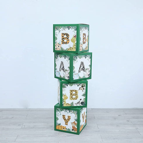 Baby Shower Safari Jungle Animal Box Set of 4 Baby Block Boxes for Gender Reveal Party Supplies Birthday Party Decorations Boy Girl Baby Blocks Decorations. (Green)