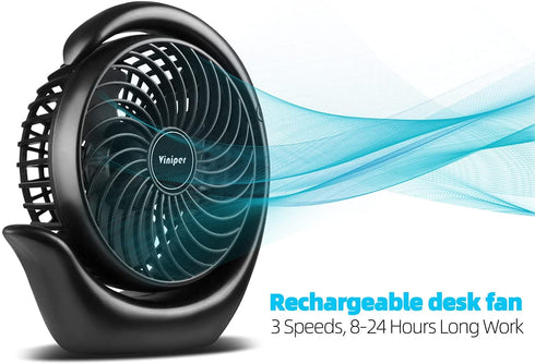 viniper Battery Operated Fan, Small Desk Fan : 3 Speeds & 8-24 Hours Longer Working, 180° Rotation, Optimised Portable USB Rechargeable Fan , Small but Mighty, for Home/Office (6.2 inch, Black)