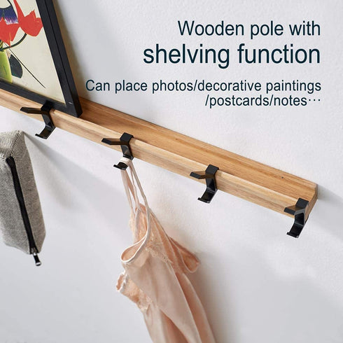 Coat Hook Wall Mounted Coat Rack-5 Double Hook, 15 Inch Aluminum,Metal Coat Hook Rail for Coat Hat Towel Robes, Wooden (Black 1PCS)