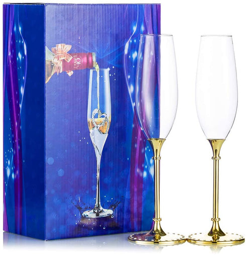 Gold Creative Set Champagne Flutes - Wedding Glasses for Bride & Groom - Toasting Cups Gift Sets for Couples - Engagement, Wedding, Anniversary, House Warming