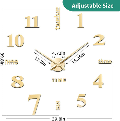 VREAONE Frameless DIY Wall Clock,Large Modern 3D Mirror Wall Clock Decor Sticker DIY Clock kit for Home Living Room Bedroom Office Wall Decorations(Gold)