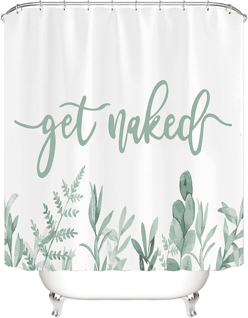 Zengmei 70x70 inches Get Naked Shower Curtain Set Funny Quote Durable Waterproof Polyester Shower Curtain Bathroom Bath Decor Cloth Fabric + 12 Hooks(Green)