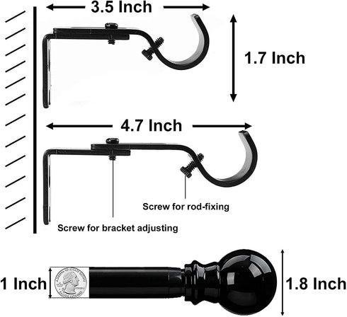 Curtain Rod,1 Inch Adjustable Black Curtain Rods for Windows 34" to 68",Stainless Steel Single Curtain Rod Set with Brackets for Bedroom Kitchen Window ?Black?