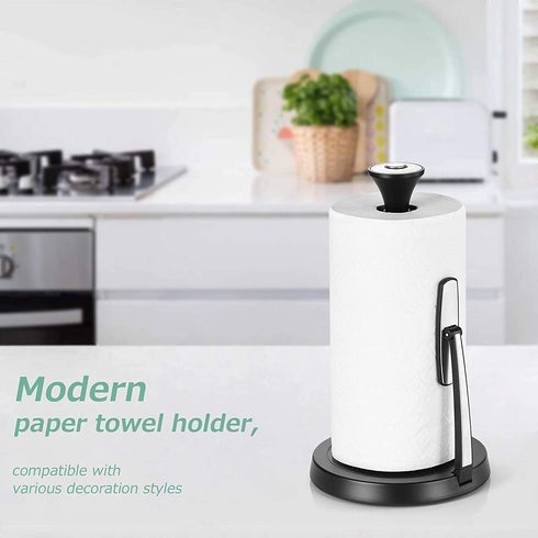 Hystun Standing Paper Towel Holder Tension Arm Paper Towel Holder Stainless Steel Single Tear Paper Towel Holder Countertop Roll Dispenser for Kitchen Countertop & Dining Room Table Black