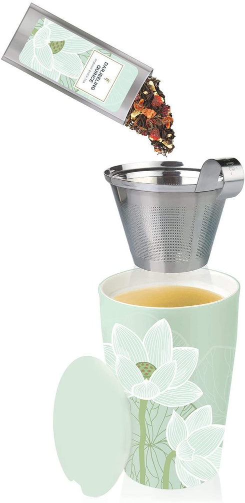 Tea Forte Kati Cup Lotus, Ceramic Tea Infuser Cup with Infuser Basket and Lid for Steeping Loose Leaf Tea