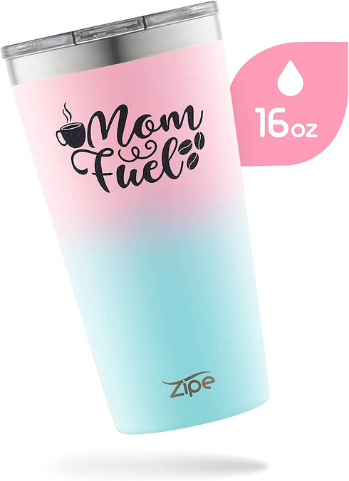 Zipe - 16 oz Tumbler with Spill-Resistant Lid, Insulated Tumbler for Hot and Cold Drinks, €œMom Fuel Coffee Tumbler, Travel Cup with Straw and Cleaner, Shimmer Mermaid Ombre