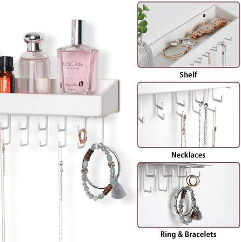 JACKCUBE DESIGN Hanging Jewelry Organizer with 23 Hooks, Wall Mounted Necklace Bracelet Earring Holder Hanger with Shelf (White, 14.37 x 2.95 x 3.86 inches) - MK208C