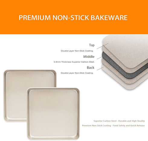 Bakestudio Square Cake Pan set of 2, Deep Baking Sheets for oven, Nonstick Baking Tray, Gold-Perfect for Brownies, Cakes, Casseroles-Durable Warp-Resistant (9.4 Inch)