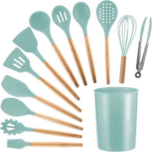 Crosea 12Pcs Silicone Cooking Kitchen Utensils Set with Holder,Wooden Handles Cooking Tool,BPA Free,Non Toxic Turner Tongs Spatula Spoon Kitchen Gadgets Set for Nonstick Cookware (Green)