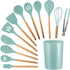 Crosea 12Pcs Silicone Cooking Kitchen Utensils Set with Holder,Wooden Handles Cooking Tool,BPA Free,Non Toxic Turner Tongs Spatula Spoon Kitchen Gadgets Set for Nonstick Cookware (Green)