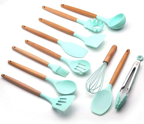 Crosea 12Pcs Silicone Cooking Kitchen Utensils Set with Holder,Wooden Handles Cooking Tool,BPA Free,Non Toxic Turner Tongs Spatula Spoon Kitchen Gadgets Set for Nonstick Cookware (Green)