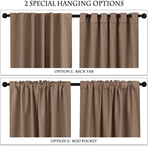 PONY DANCE Small Kitchen Valances - Back Tab Curtain Panels Thermal Insulated Window Drapes for Nursery/Kitchen/Living Room, 52 W x 36 L, Mocha, 1 Pair