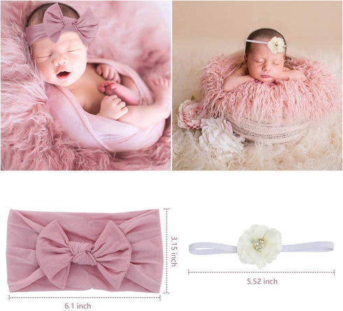 4 Pcs Newborn Photography Props Outfits- Baby Long Ripple Wrap and Toddler Swaddle Blankets Photography Mat with Cute Headbands for Infant Boys Girls(0-12 Months) (Pink)