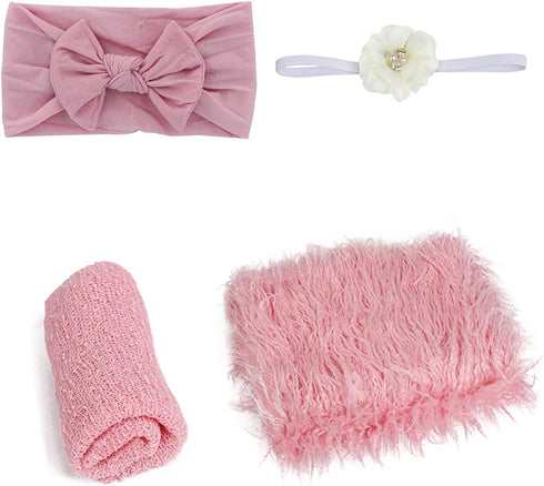 4 Pcs Newborn Photography Props Outfits- Baby Long Ripple Wrap and Toddler Swaddle Blankets Photography Mat with Cute Headbands for Infant Boys Girls(0-12 Months) (Pink)