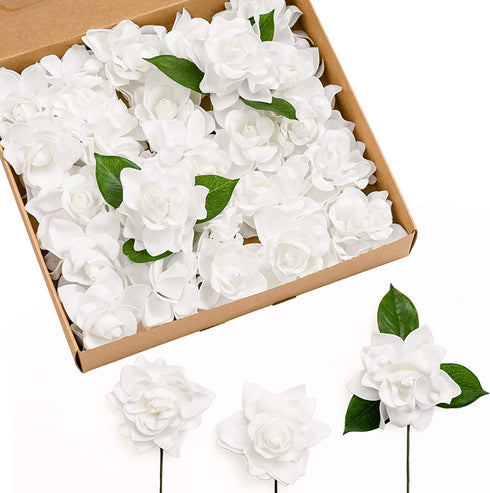 Ling's moment Artificial Flowers 25pcs White Gardenia Flowers w/Stem for DIY Wedding Bouquets Centerpieces Flower Arrangements Decorations