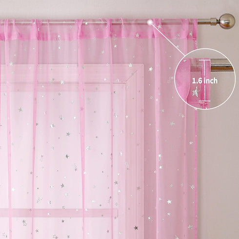 Wubodti Star Pink Curtains for Nursery- 2 Panels of Semi Sheer Privacy Curtain Drapes with Silver Starry Stars, Rod Pocket Pastel Light Filter Window Treatments for Girls Baby Kids Room,63 Inches