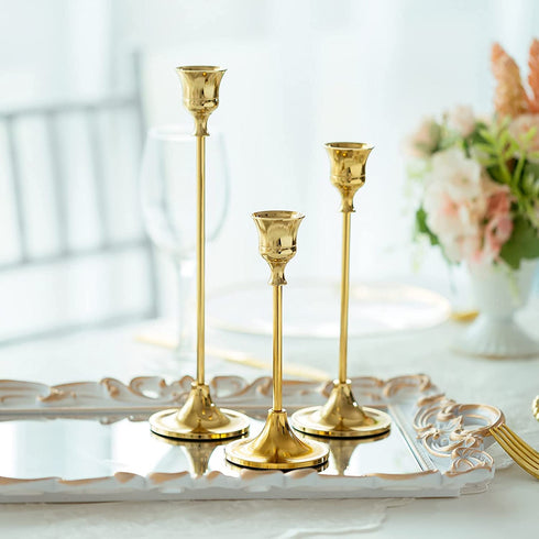 Romadedi Candlestick Holder Gold Candle Holder Brass Set of 3 Decorative Candle Holder for Taper Candle for Fireplace Mantel Dinning Table Home Wedding Decorations Gold 1 Set