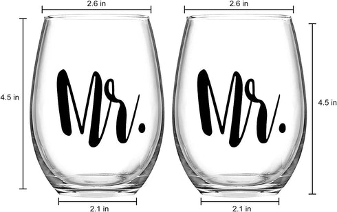 Mr and Mr Stemless Wine Glass Set of 2, Couple Wine Glass Gift for Gay Couple 15Oz - Gift Set for Engagement Wedding Birthday Anniversaries Valentine's Day - Ideal for Him, Male Couples, Pride Couples