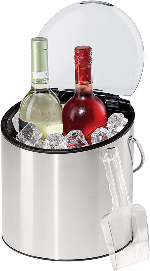 Oggi Stainless Steel Ice and Wine Bucket with Flip Top Lid and Ice Scoop, Holds 2 Bottles
