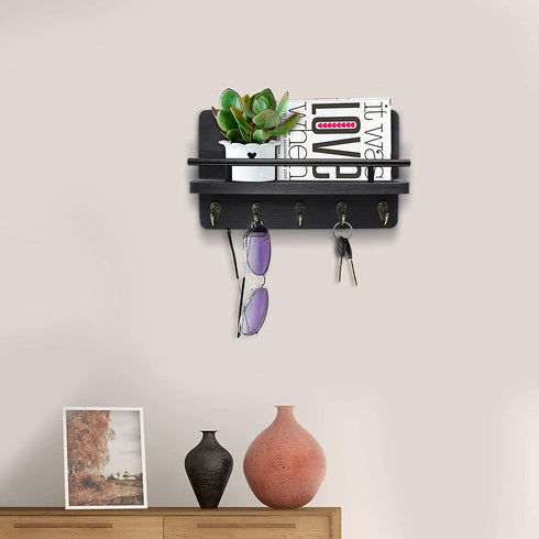 Key Holder and Mail Shelf Wall Mounted, Decorative Wall Mail Organizer with Shelf, Wood Hanging Mail Sorter Shelf with 5 Key Hooks, 100% Pine Wood Letter, Bill and Newspaper Storage Shelf (Black)