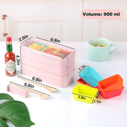 Ozazuco Bento Box Japanese Lunch Box,3-In-1 Compartment - Wheat Straw, Leakproof Eco-Friendly Bento Lunch Box Meal Prep Containers for Kids & Adults?14pcs?pink?