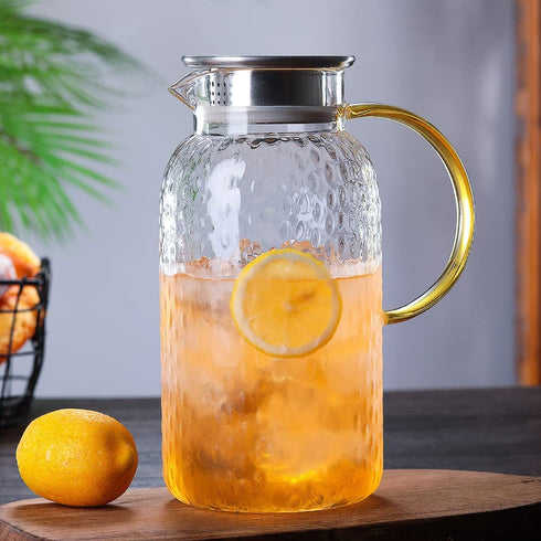 SOUJOY 67 Oz Glass Pitcher, Water Pitcher with Stainless Steel Lid, Heat Resistant Borosilicate Carafe, Ice Tea Pitcher for Homemade Beverage, Milk, Coffee, Serving Wine, Hot/Cold Water