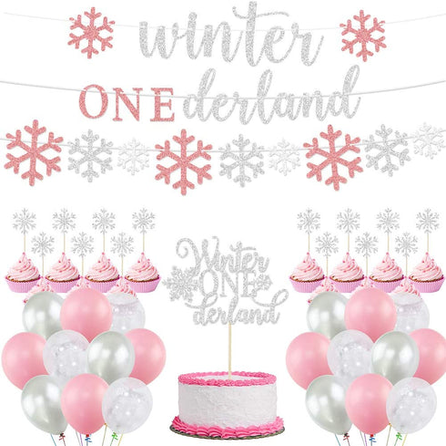 Winter Onederland Birthday Decorations, Girls Birthday Party Decoration, Banner, Cake Toppers, Pink Silver Snowflake Balloons Garland for Winter Wonderland Shower Winter First Birthday Party Supplies