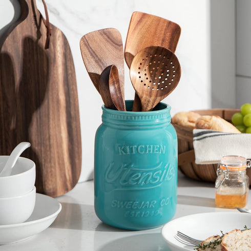 SWEEJAR Kitchen Utensil Holder with Embossed Style, 6.3" Porcelain Utensil Crock to Hold Spatulas for Cooking Countertop, Farmhouse Style Kitchen Decor (Turquoise)