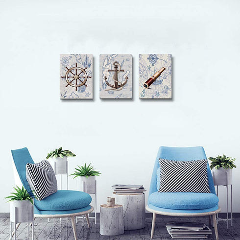 ocean theme steering wheel telescope ship pendant Canvas Prints bathroom Wall Art for Bedroom Wall decor Artworks Pictures wall decorations for living room,3 piece Home decor kitchen wall paintings