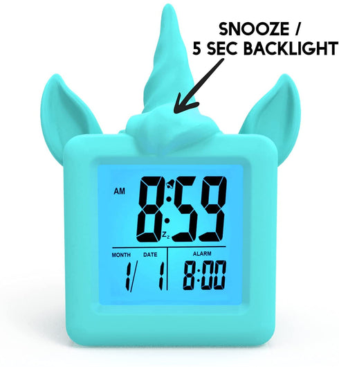 Something Unicorn - Unicorn Digital Alarm Clock with Snooze Button and Blue LCD Back-Lighting. Easy to Set Battery Powered Digital Clock in Silicone Sleeve with Time, Date and Alarm Display. (Blue)