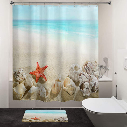 HIYOO Bathroom Decorative Polyester Fabric Waterproof Shower Curtain with Hooks, Ocean Sea Sailboat Beach Starfish Seashell Design Bathtub Art Bath Curtain Sets 60" W x 72" L