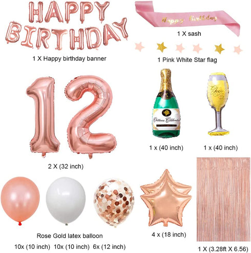 Fancypartyshop 12nd Birthday Decorations - Rose Gold Happy Birthday Banner and Sash with Number 12 Balloons Latex Confetti balloons Ideal for Girl and Women 12 Years Old Birthday Rose Gold
