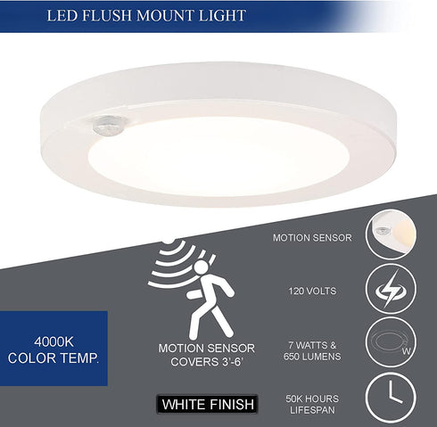 Ciata 7 Watts (40-Watt Equivalent) 650 Lumens 5.75-inch Diameter Integrated LED Motion Sensor Flush Mount Indoor Fixture for Closet Garage Basement (4000K, 1 Pack)