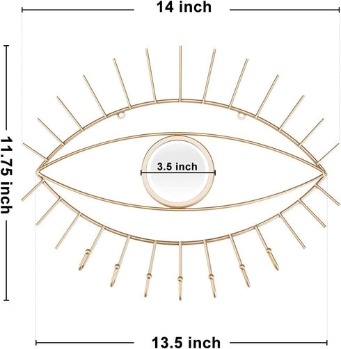 Urban Deco Eye Shaped Wall Mounted Jewelry Organizer Mirror with 7 Necklace Hooks, Evil Eye Mirror Wall D©cor, Metal Jewelry Holder Gold Necklace Holder Organizer