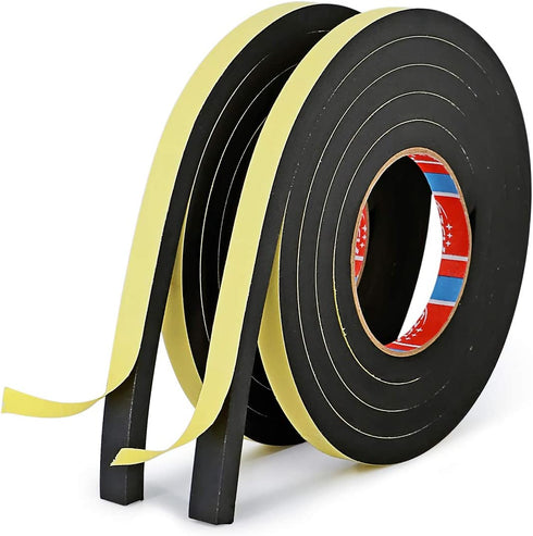 1/2 Inch Wide x 3/8 Inch Thick Foam Self Adhesive Tape for Sound Insulation Shock Absorption Weather Stripping Draft Seal, Doors and Windows, Black Single Sided (6.5ft X 2Rolls)